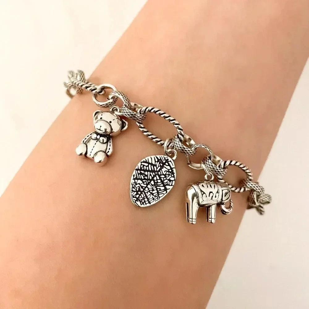 925 Sterling Silver Elephant Bear Leaf Charm Bracelet Chain Link Bracelet